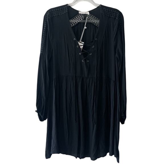 Lush Long Sleeve Lace Trim Front Tie Boho Mini Dress Black Size Large - Picture 6 of 6